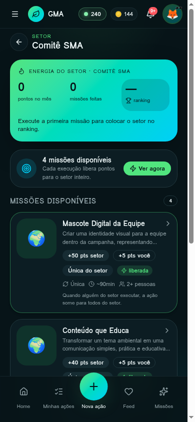 Tela Missões do departamento do app GMA