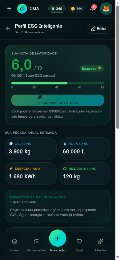Tela DNA ESG pessoal do app GMA